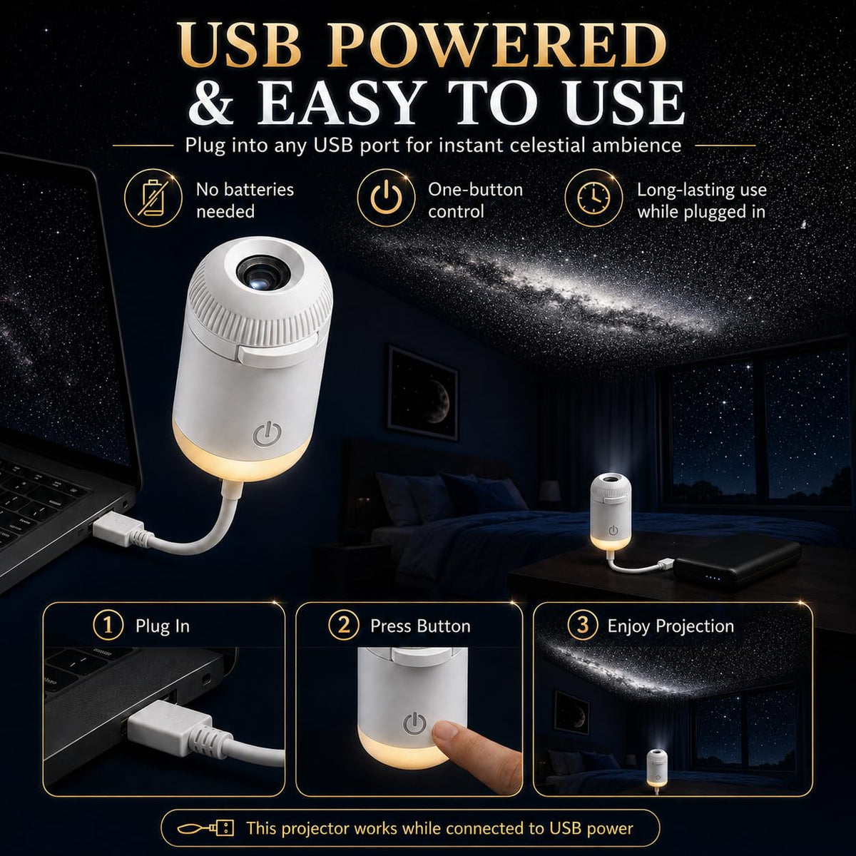 फ्लेक्सिबल गूसनेक के साथ USB गैलेक्सी स्टार प्रोजेक्टर लाइट (6 शीट शामिल हैं)